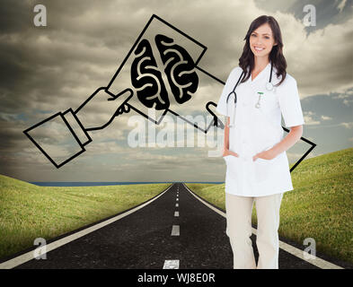 Image composite de confident female doctor standing en face de la fenêtre tout en souriant Banque D'Images