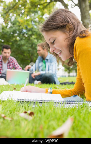Jeune étudiant à écrire des notes avec deux mâles à l'aide d'ordinateur portable en arrière-plan dans le parc Banque D'Images