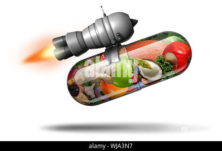 Supplément de vitamine naturelle d'alimentation et de la nutrition saine comp comme un puissant élément nutritif naturel remise en forme de capsule avec une fusée à l'intérieur du moteur à réaction. Banque D'Images