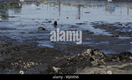 La contamination de l'eau et du sol des pollutions au comptant du pétrole, ancien dump les déchets toxiques, les catastrophes environnementales, la contamination de l'environnement, de l'huile lagoon Banque D'Images