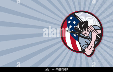 Modèle de carte d'affaires montrant illustration d'un patriote américain Minuteman soldat révolutionnaire avec stars and stripes drapeau est défini à l'intérieur du cercle fait Banque D'Images