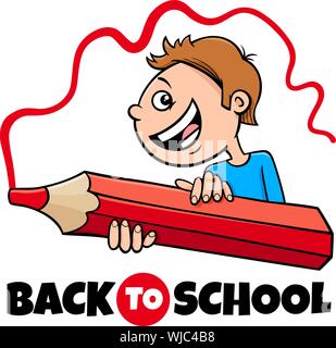 Cartoon Illustration de l'école primaire ou Kid Garçon avec de gros caractères et de Crayon signe le retour à l'école Illustration de Vecteur