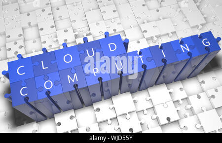 Cloud Computing - puzzle 3D render illustration avec texte bleu sur pièces de puzzle de pièces blanches Banque D'Images