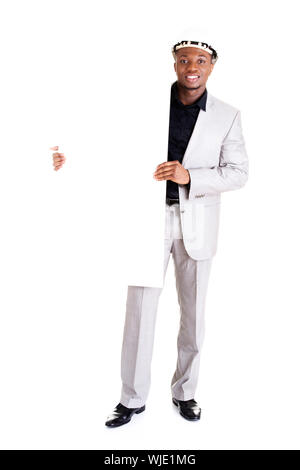 Businessman presenting bannière vide. Isolé sur fond blanc Banque D'Images