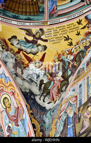Fresques par Zahari Zograf dans l'extérieur de l'église de la Nativité. Monastère de Rila. Bulgarie Banque D'Images