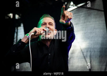 Trondheim, Norvège. Août 17th, 2019. Le groupe punk rock norvégien les chiens effectue un concert live au cours de la Norwegian music festival 2019 Pstereo à Trondheim. Ici le chanteur Kristopher Schau est vu sur scène. (Photo crédit : Gonzales Photo - Tor Atle Kleven). Banque D'Images