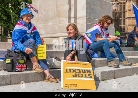 Westminster, Londres, Angleterre. 3 Septembre, 2019. Arrêter Brexit manifestants prennent le temps de se reposer au soleil comme des milliers de manifestants rejoindre le rassemblement à l'extérieur du Parlement. Terry Mathews/Alamy Live News Banque D'Images