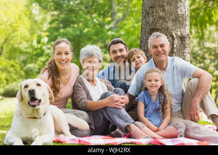 Portrait d'une famille élargie avec leur chien de compagnie assis au parc Banque D'Images