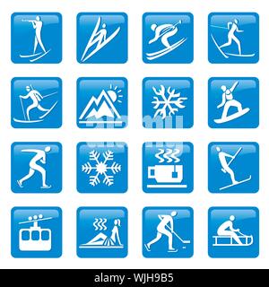 Icônes de sports d'hiver, boutons. Ensemble d'icônes de sports d'hiver bleues avec activités de sports d'hiver. Vecteur disponible. Illustration de Vecteur