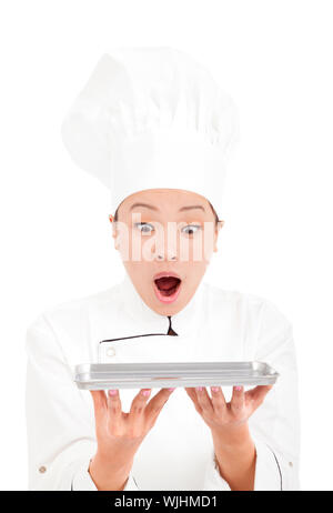 Femme asiatique incroyable chef holding tray Banque D'Images