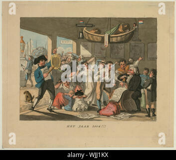 Het jaar 1804 ! ! ! ; Dutch cartoon événements aéronautique prévisions pour l'année 1804 en montrant les gens en colère, peut-être sur l'imminence d'une ascension en montgolfière par Wille van de Heeren Hopman et Loude. Au plafond pend un télécabine de ballon dans le style d'Charliére équipés de drapeaux néerlandais, un canon, un parapluie (ou parachute), et d'un baromètre. Sur le mur à l'arrière-plan hang photos d'ascensions en ballon et les accidents. À l'extérieur, une loi ancienne colle un avis Lust tot Onderzoek ... et les gens achètent des billets. Banque D'Images