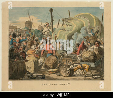 Het jaar 1804 ! ! ! ; Dutch cartoon événements aéronautique prévisions pour l'année 1804 en montrant une scène à un défaut d'ascension en montgolfière, dans l'intérêt de l'enquête scientifique, peut-être par Wille van de Heeren Hopman et Loude. Les hommes luttent pour gonfler le ballon, étiqueté Lust tot Onderzoek, comme main-d'apporter des fournitures nécessaires à la zone de chargement et deux projets de chiens-déformation à un wagon transportant au vitriol et spykers. Des soldats armés d'épées retenir la foule de spectateurs. Banque D'Images