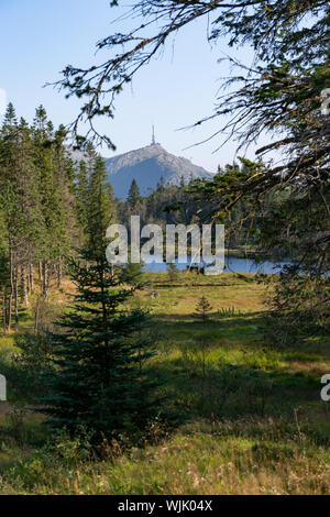Mât radio en haut de la montagne triangulaire avec clear blue sky, encadré par les arbres à feuilles persistantes avec un lac au milieu du terrain et de Grassy meadow Banque D'Images
