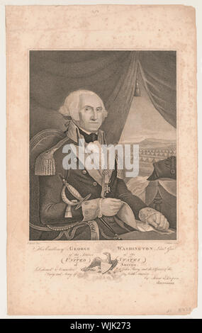 Son Excellence le lieutenant général George Washington. des armées des Etats-Unis d'Amérique Résumé : George Washington montre d'impression demi-longueur, portrait, assis, faisant face à droite, portant l'uniforme militaire ; il tient son épée avec son bras droit, qui se repose sur le bras d'une chaise, et est maintenant un papier dans sa main droite ; un chapeau repose sur une table à droite et par le biais d'une part à la draperie, ou l'ouverture de sa tente, est considérée un campement militaire. En bas au centre, au milieu du titre, il s'agit d'un aigle avec bouclier à rayures et banner E. Pluribus Unum, et tenant dans ses serres un rameau d'une Banque D'Images