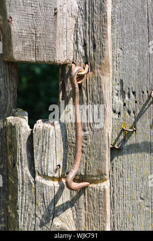 Rusty hook sur une vieille porte en bois Banque D'Images