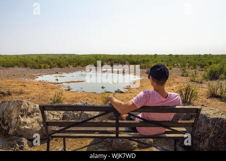 Pour les espèces sauvages en attente touristique le point d'eau près de Moringa, Etosha, Namibie Halali Banque D'Images