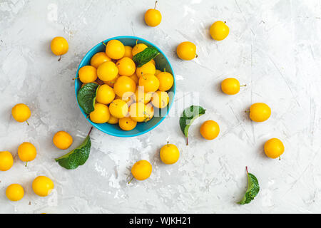 Modèle d'été créatif à base de produits frais dans les prunes cerises jaunes bol bleu sur fond de béton gris. Concept minimal de fruits. Mise à plat. Banque D'Images