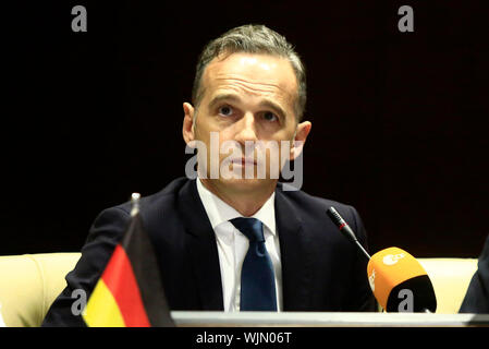 Khartoum, Soudan. 3e, 2019 Sep. Le ministre des Affaires étrangères allemand Heiko Maas assiste à une conférence de presse avec le Premier Ministre du Soudan Abdalla Hamdok (pas dans le photo) à Khartoum, au Soudan, le 3 septembre 2019. Le premier ministre Abdalla Hamdok mardi a réitéré l'importance de supprimer le Soudan de la liste américaine des pays 'sponsoring le terrorisme." Crédit : Mohamed Khidir/Xinhua/Alamy Live News Banque D'Images