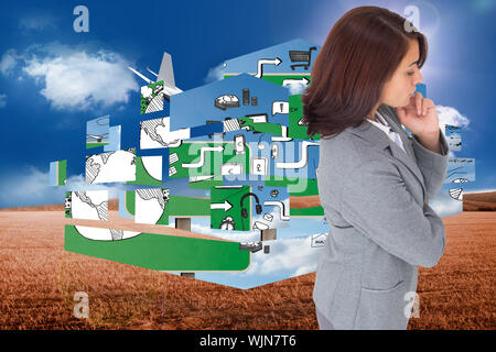 L'accent businesswoman contre 3D Plane flying over field Banque D'Images