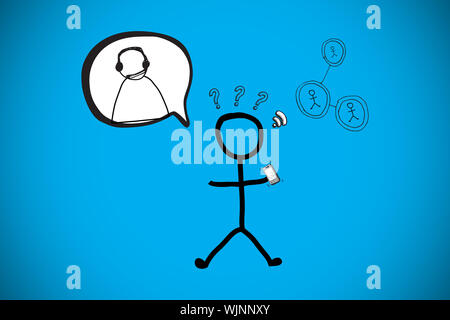 Stick figure doodle contre fond bleu avec vignette Banque D'Images