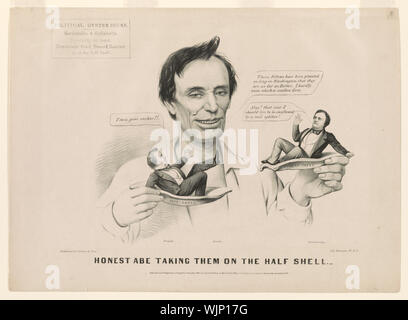 Abe honnête de les prendre sur la demi-coquille Résumé : Un pro-Lincoln satire. Le candidat républicain s'interroge sur la figures miniatures de candidats démocratiques du nord et du sud Stephen A. Douglas (à gauche) et John C. Breckinridge (droite) qu'il détient avant lui sur deux d'huîtres. Il reflète, ces boursiers ont été plantés si longtemps à Washington, qu'ils sont aussi gras que le beurre, je ne sais pas qui d'avaler d'abord. Planté à Washington est une référence à la cynique des années d'expérience du congrès de Lincoln's deux adversaires. Un signe sur le mur derrière Lincoln se lit comme suit : Oyster House Politique., Ha Banque D'Images