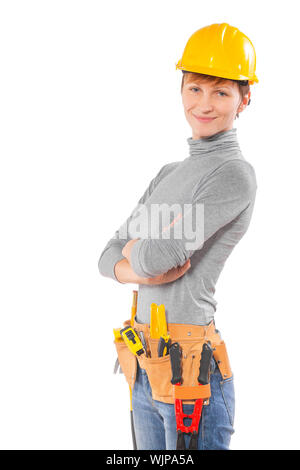 Femme portant des vêtements de travail avec des outils isolated on white Banque D'Images