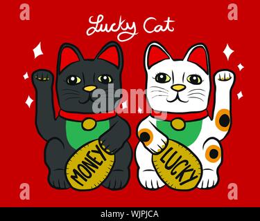 Lucky cat (noir et blanc porte-bonheur japonais) cartoon vector illustration style doodle Illustration de Vecteur