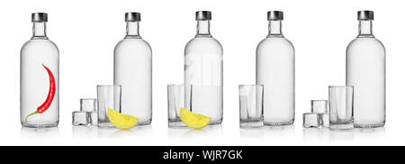 Des bouteilles de vodka et verres isolated on white Banque D'Images