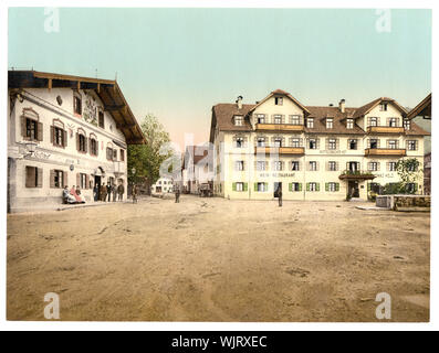 Hotel Wittelsbacherhof, Oberammergau, Allemagne ; titre de la Detroit Publishing Co., catalogue J-section étrangère. Detroit, Michigan : Detroit Photographic Company, 1905. ; légende sur le point : Oberammergau. Hotel Alte Post et Wittelsbacher-Hof. ; fait partie de : Vues de l'Allemagne dans l'Photochrom. print collection n° d'impression ; 17120. Banque D'Images