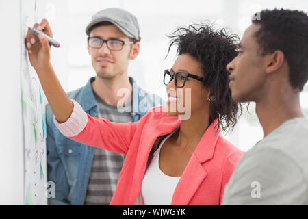 Groupe d'artistes en discussion devant le bureau à tableau blanc Banque D'Images