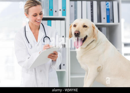 L'écriture féminine pour prescription vétérinaire chien après examen médical Banque D'Images