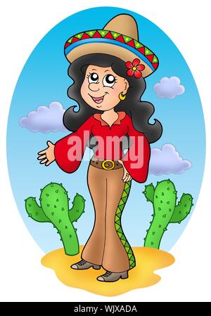 Cute girl mexicain en désert - illustration couleur. Banque D'Images