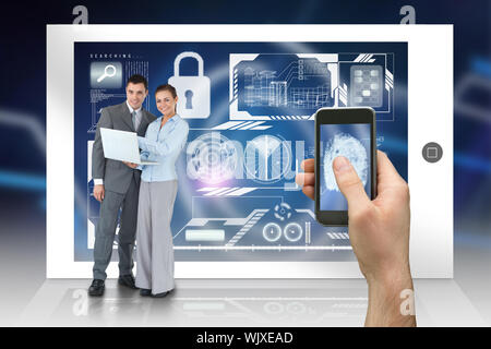 Digital composite of hand holding smartphone avec interface et partenaires d'affaires derrière Banque D'Images