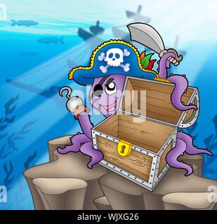 Octopus pirate avec poitrine en mer - illustration couleur. Banque D'Images