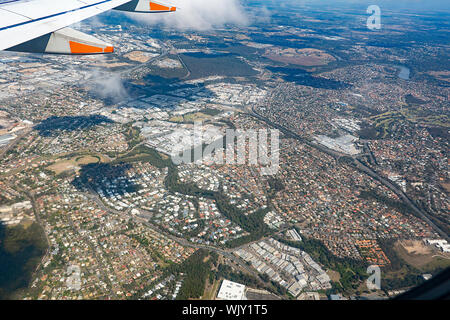 Vue aérienne de la banlieue de la ville de Brisbane vu d'un jumbo jet, Queensland, Queensland, Australie Banque D'Images
