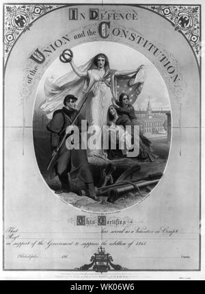 En défense de l'Union européenne et la Constitution Résumé : Un grand certificat pour un bénévole qui servent dans l'armée de l'Union pour réprimer la rébellion de 1861. Au centre se tient une femme, probablement Colombie-britannique, tenant deux couronnes de lauriers et de la Constitution. Elle étend sa protection sur une mère et l'enfant et un jeune garçon trembler à ses pieds. Dans le premier plan à gauche une union volontaire, alerte, tenant une baïonnette. Un canon et ses roues chariot cassé se coucher sur le sol à droite. Dans l'arrière-plan droit est une vue de l'État Maison à Philadelphie ; à gauche, en arrière-plan est un navire. Ci-dessous le texte i Banque D'Images