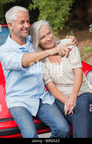 Smiling young couple sitting on their red cabriolet Banque D'Images