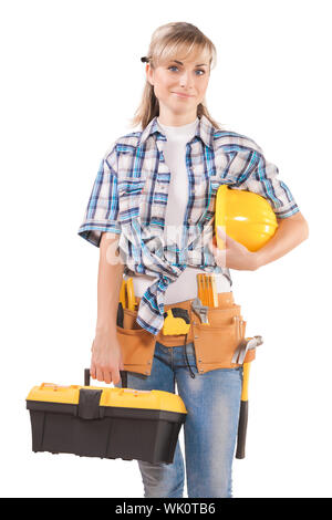 Femme portant des vêtements de travail avec casque de protection et de portefeuille toolbelt toolbox isolated on white Banque D'Images