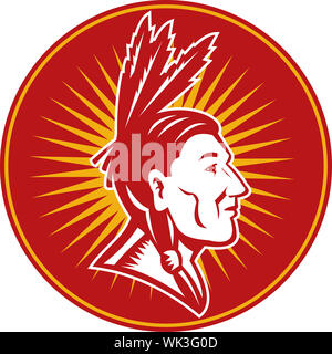 Illustration d'un Native American Indian chief avec trois plumes vue latérale Banque D'Images