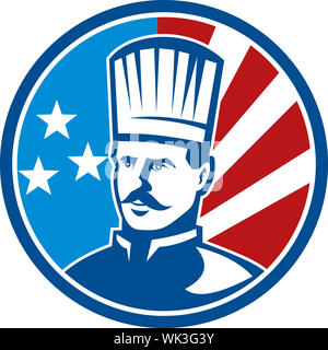 Illustration d'un chef cuisinier américain baker avec stars and stripes fixé à l'intérieur d'un cercle Banque D'Images