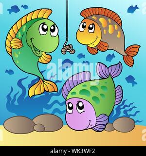 Trois poissons et hameçon - vector illustration. Banque D'Images