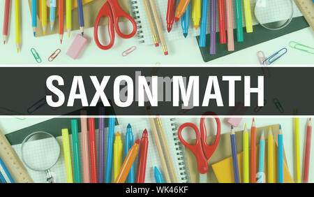 Saxon math de fournitures scolaires sur tableau noir l'arrière-plan. Saxon math texte sur tableau noir avec points et éléments de l'école. Retour à l'école et Saxon math Banque D'Images