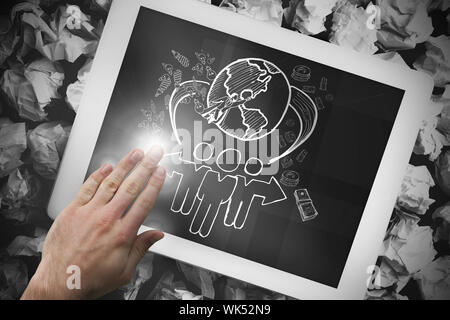 Image composite de hand touching tablet showing communauté mondiale doodle Banque D'Images