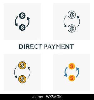 Paiement direct icon set. Quatre éléments dans diférents styles à partir d'icônes fintech collection. Paiement direct créatif rempli d'icônes de couleur, contours, et Illustration de Vecteur