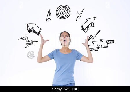 Image composite de l'ennuyé brunette gesticulant contre flèches Banque D'Images