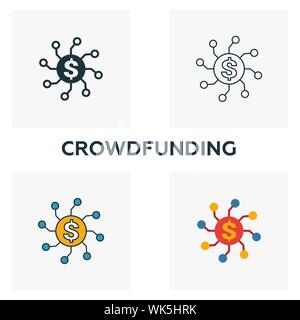 Crowdfunding icon set. Quatre éléments dans diférents styles à partir d'icônes fintech collection. Creative crowdfunding rempli d'icônes de couleur, contours, et télévision Illustration de Vecteur
