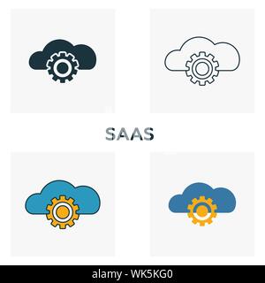 Le Saas icon set. Quatre éléments dans diférents styles à partir d'icônes fintech collection. Saas créatif rempli d'icônes de couleur, contours, symboles et télévision Illustration de Vecteur