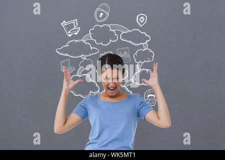 Image composite de l'ennuyé brunette gesticulant contre vignette gris Banque D'Images