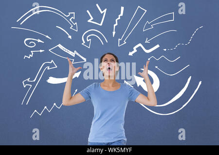 Image composite de l'ennuyé brunette gesticulant contre vignette pourpre Banque D'Images