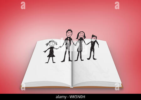 Image composite de famille heureuse sur livre ouvert contre vignette rouge Banque D'Images